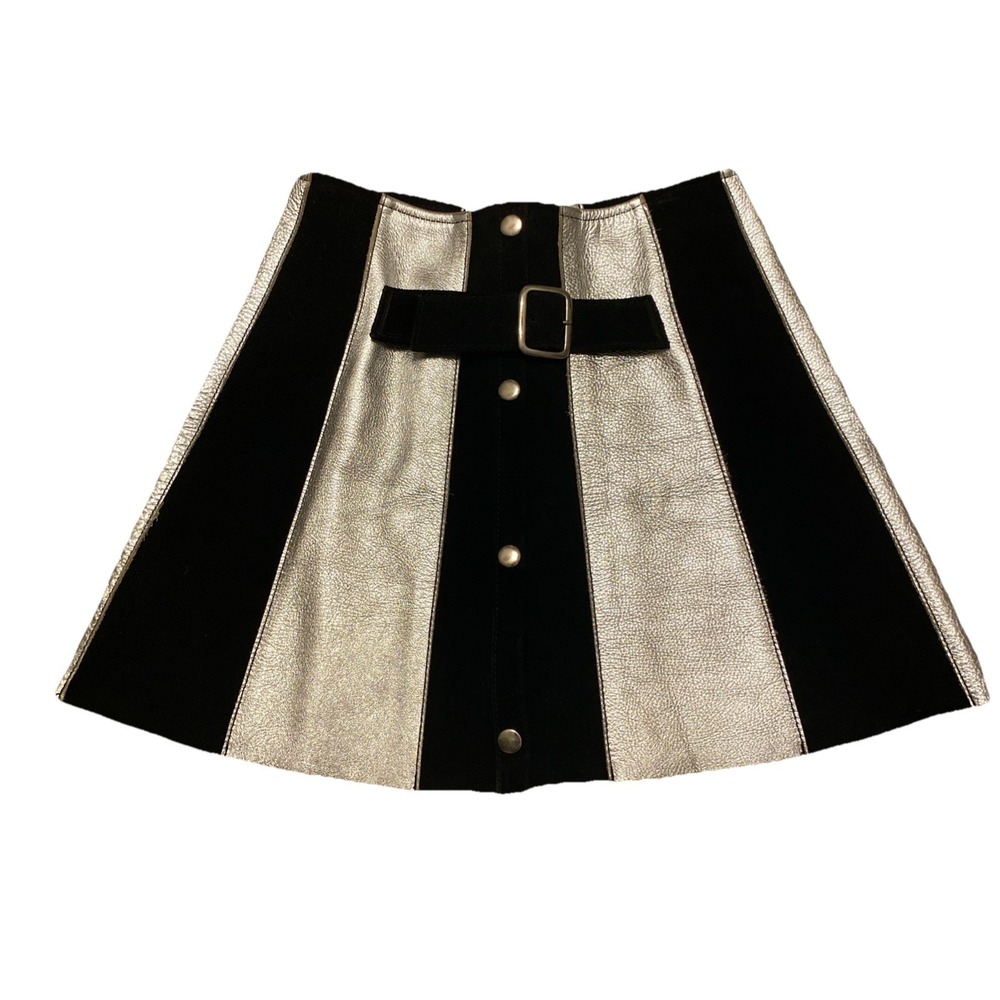 Nasty Gal After Party Black Silver Stripe Leather Mini Skirt Buckle Snap Small